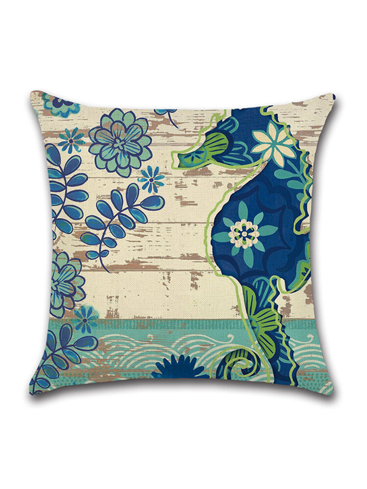 

17.7" Cotton Linen Ocean Creature Sea Jellyfish Turtle Horse Printed Cushion Cover Square Pillowcase