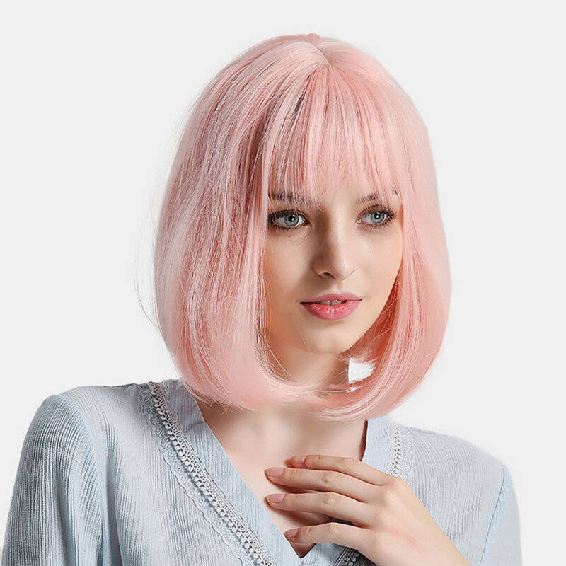 

12 inches Short Straight Synthetic Bob Wigs with Bangs for Women Fashion Pink Party Wig or Cosplay