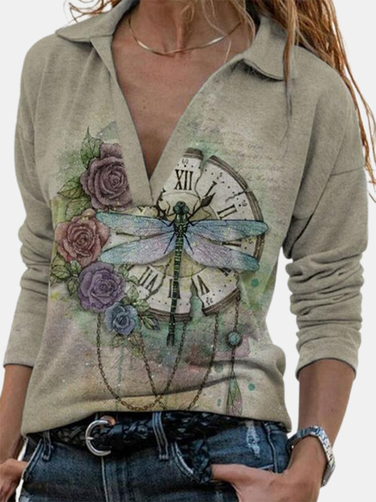 Vintage Dragonfly Floral Printed Long Sleeve V-neck T-Shirt For Women