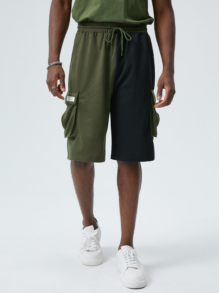 Short masculino costurado em dois tons Comprimento cordão Cargo shorts