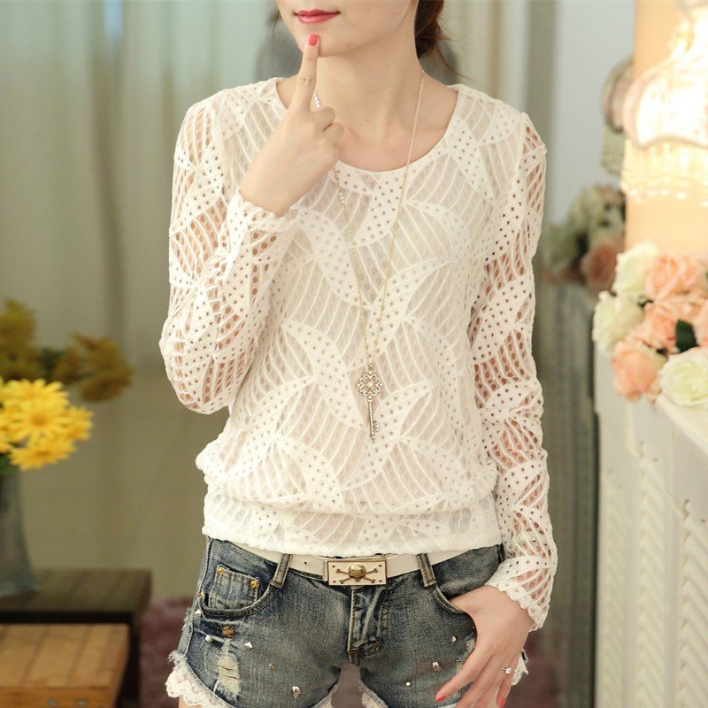 Lace embroidery Hook flower hollow Loose Casual shirt