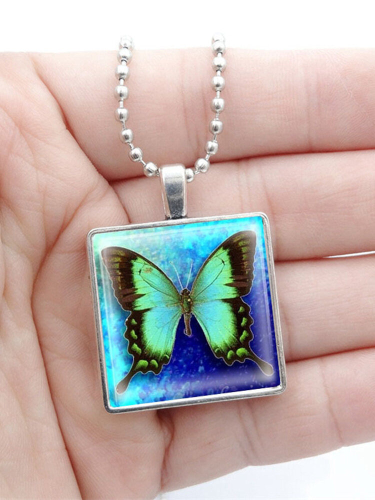 Vintage Square Glass Printed Women Necklace Butterfly Pendant Sweater Chain Jewelry Gift