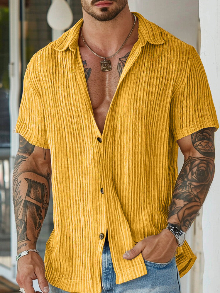 Camisas de manga corta con cuello de solapa informal con textura sólida para hombre