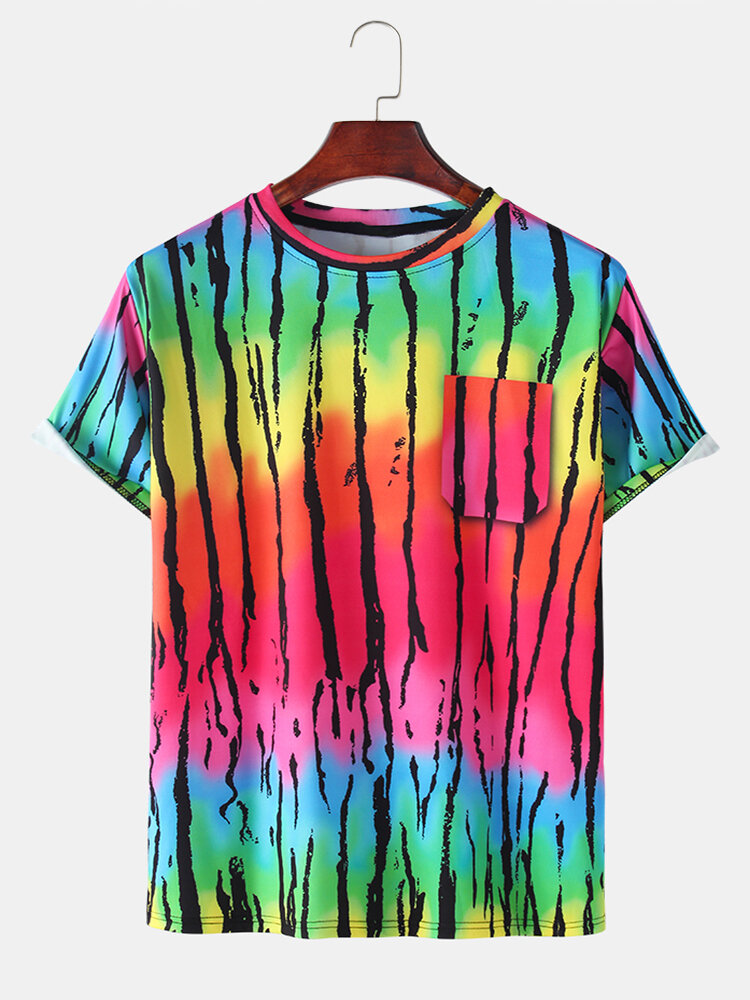 Mens Colorful Stripes Print Gradient Casual Light O-Neck T-Shirts