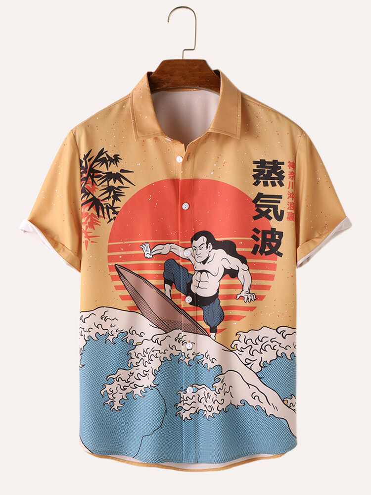 Mens Figure Wave Ukiyoe Print Japanese Style Short Sleeve Shirts