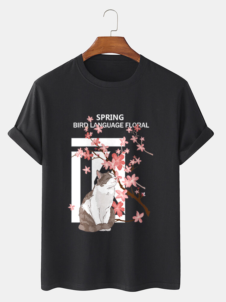 Mens Cat Cherry Blossoms Letter Print Street Cotton Short Sleeve T-Shirts