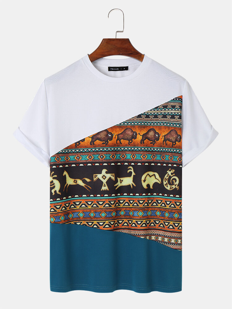 Mens Ethnic Geometric Animals Print Patchwork Short Sleeve T-Shirts