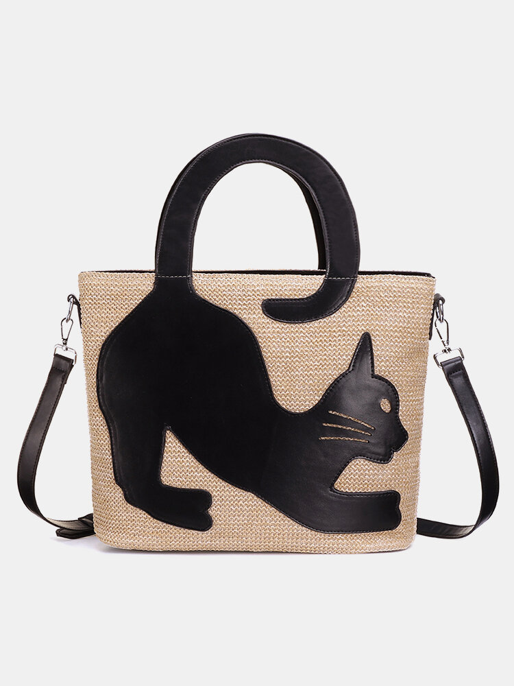 Women Cat Pattern Straw Handbag Crossbody Bag