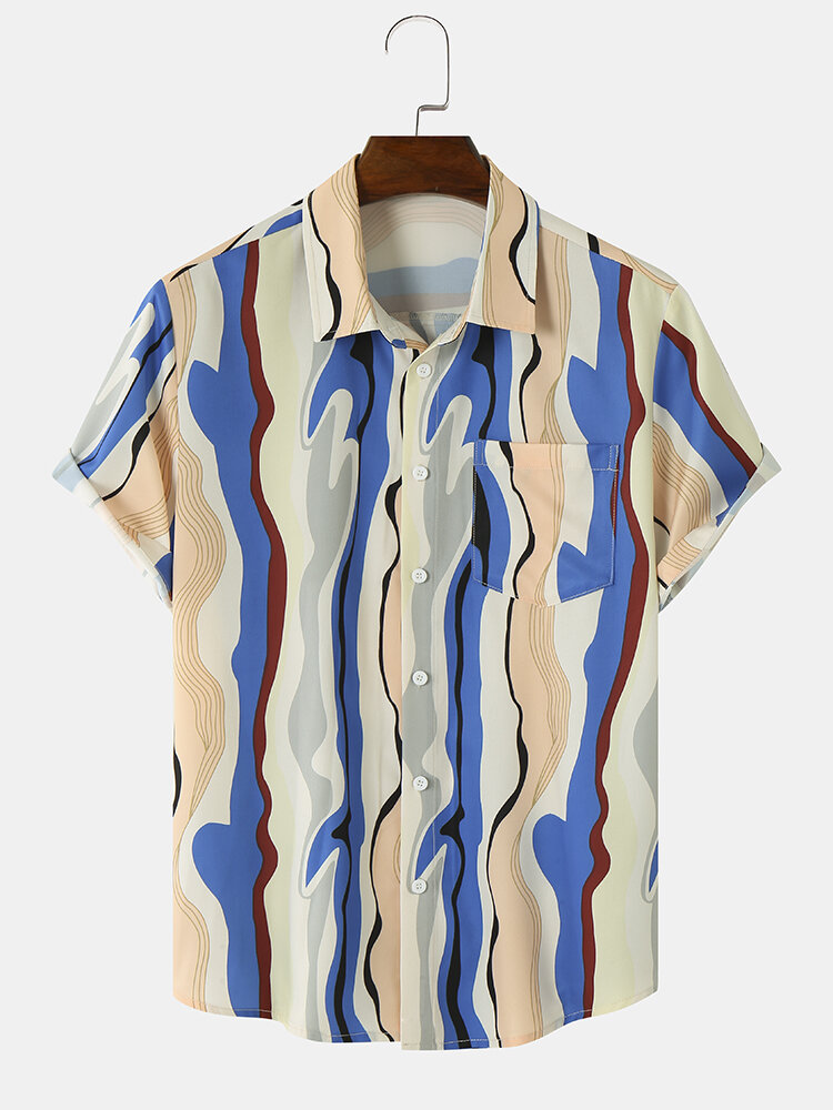 Mens Wave Stripe Print Button Up Vintage Short Sleeve Shirts