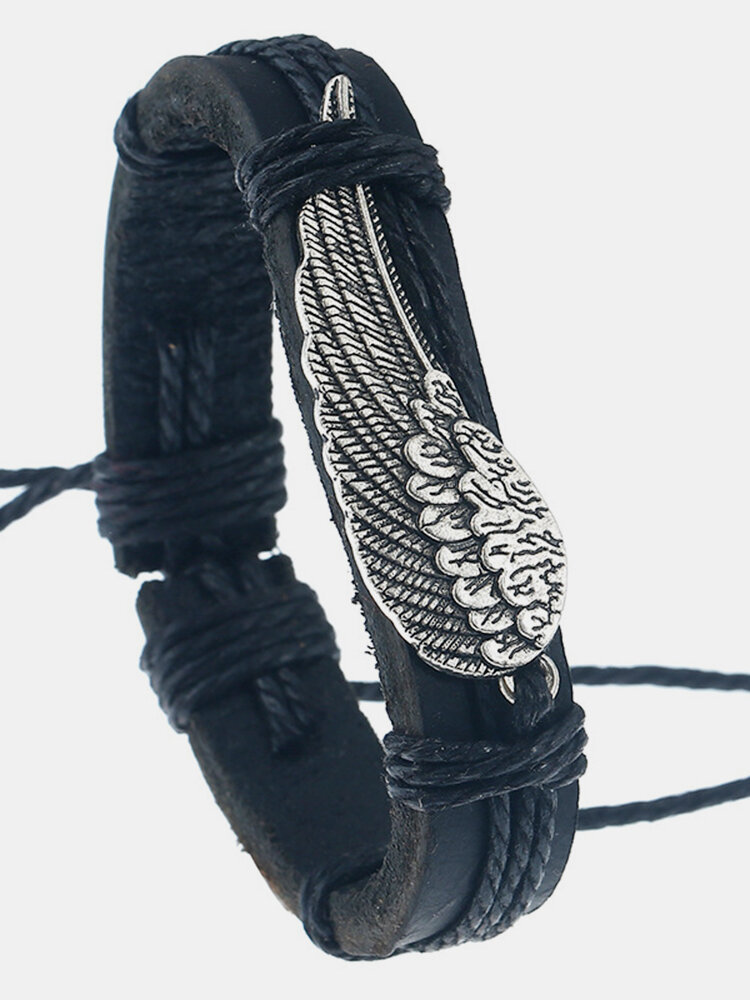 Vintage Bangle Leather Bracelet Wings Wax Rope Adjustable Cuff Bracelet Ethnic Jewelry for Men