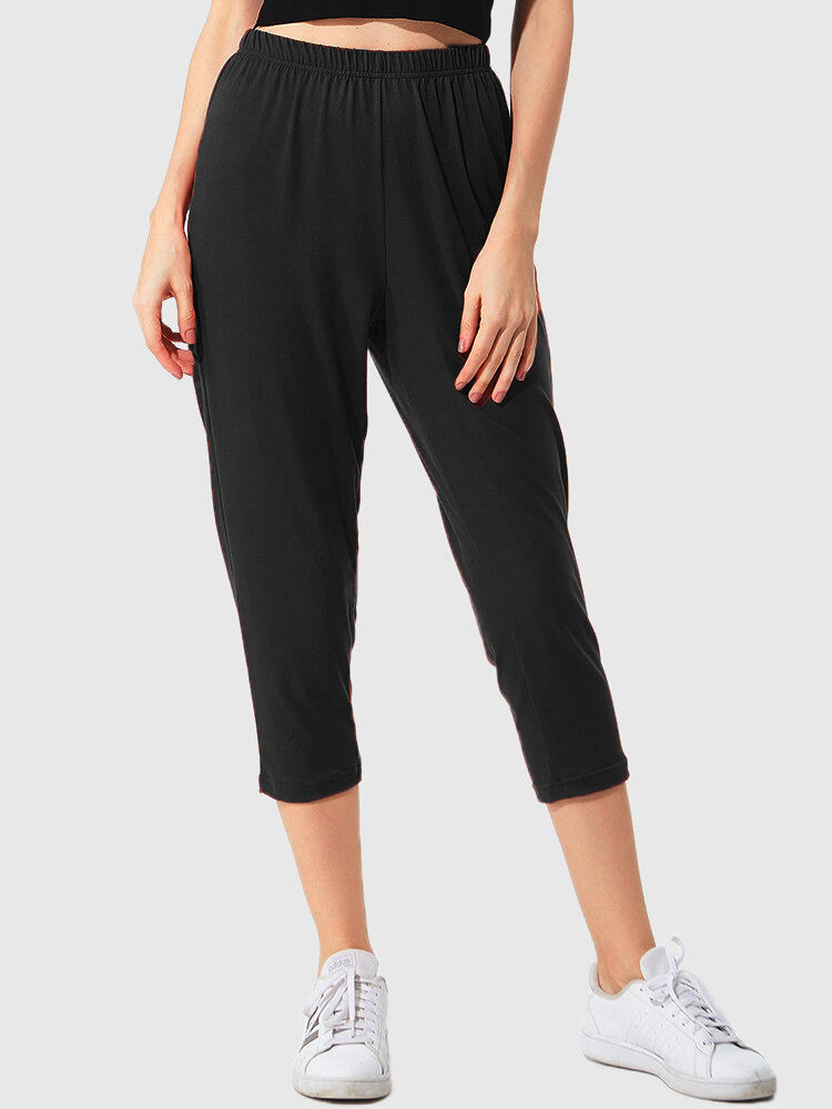 

Plus Size Women Cotton Solid High Elastic Cropped Pants Home Pajamas Bottoms, Grey;black