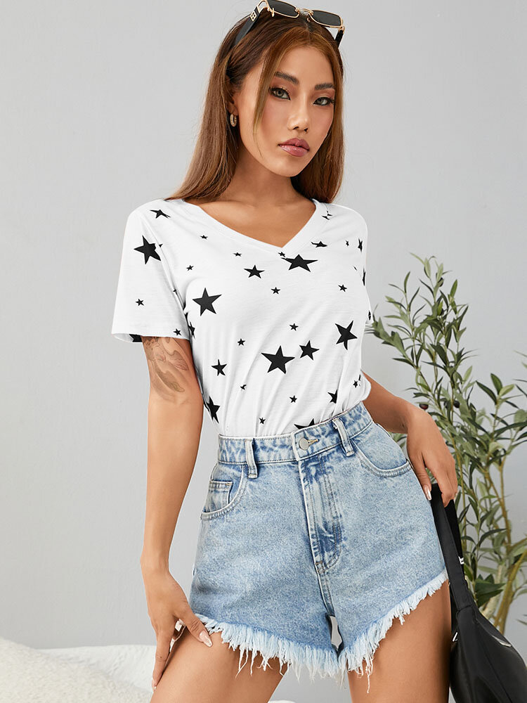 T-shirt da donna casual a maniche corte con scollo a V con stampa stelle