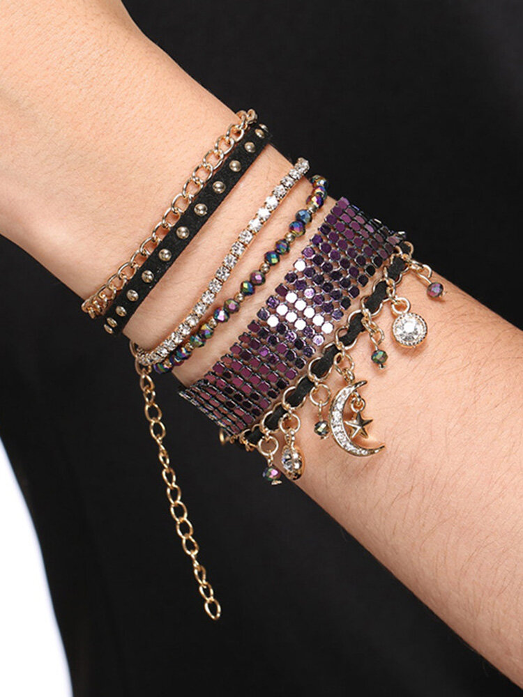 Trendy Colorful Glass Bead Bracelet Vintage Geometric Moon Crystal Pendant Bracelet Chic Jewelry