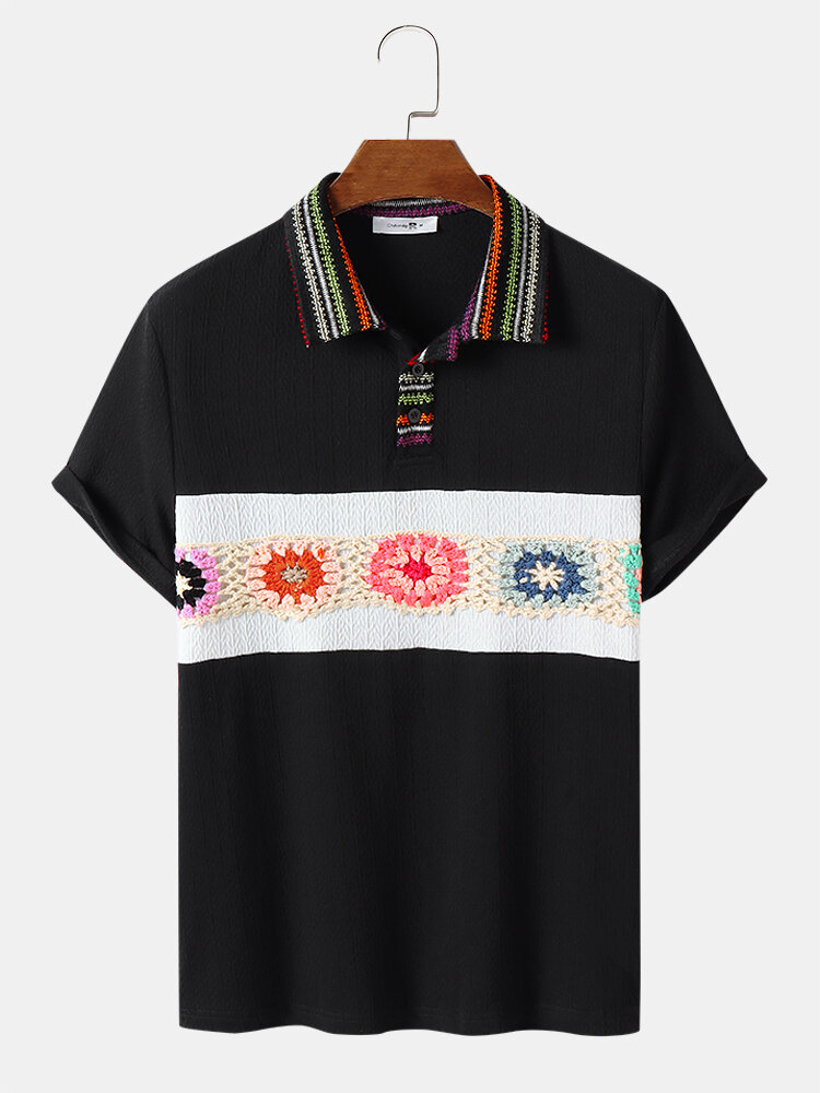 Mens Jacquard Crochet Designed Buttons Short Sleeve Golf Shirts