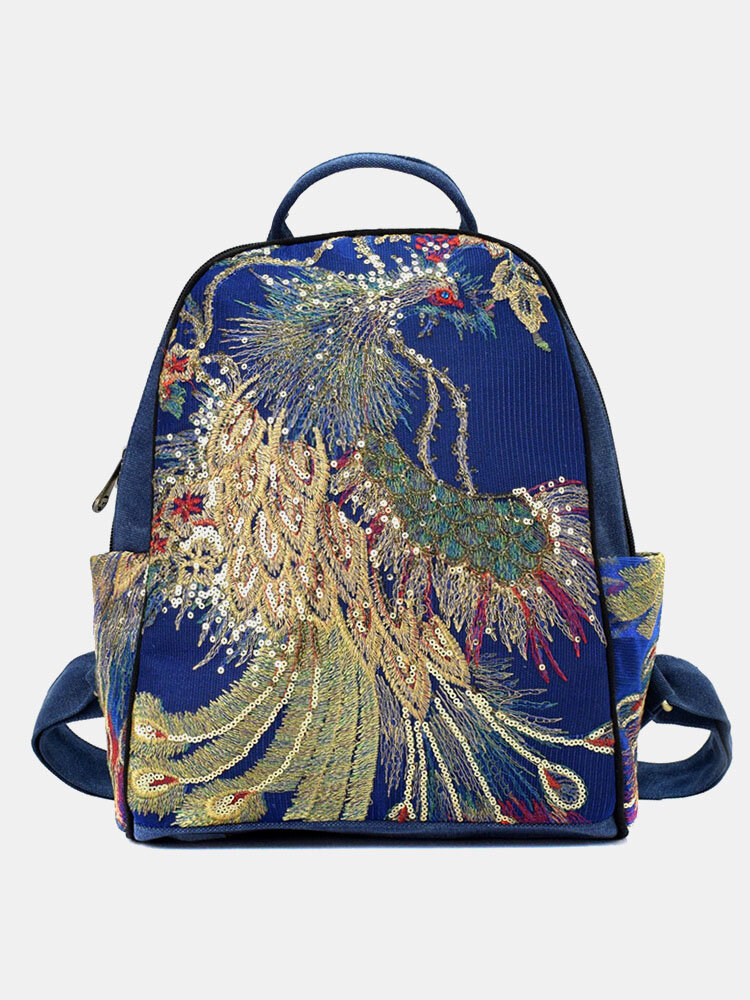 

Women Ethnic Sequined Embroidered Peacock Anti-theft Backpack, Blue;black