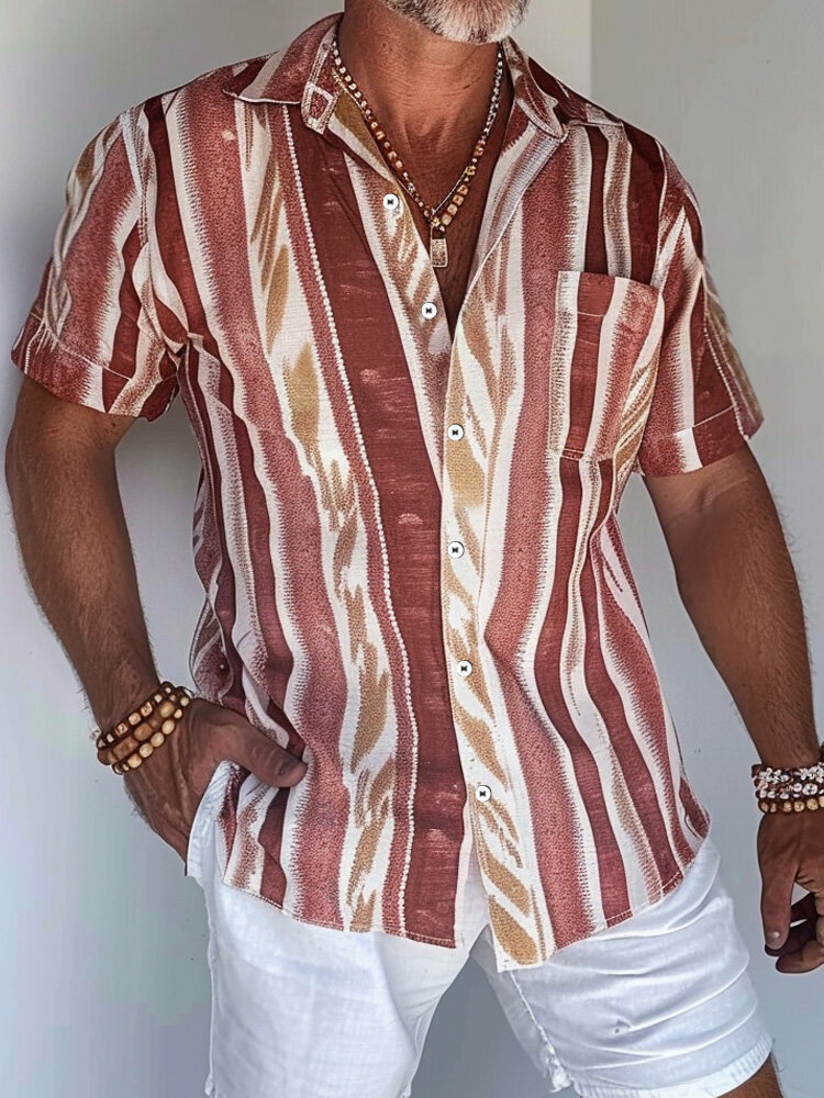 Mens Contrasting Colors Striped Chest Pocket Short Sleeve Shirts