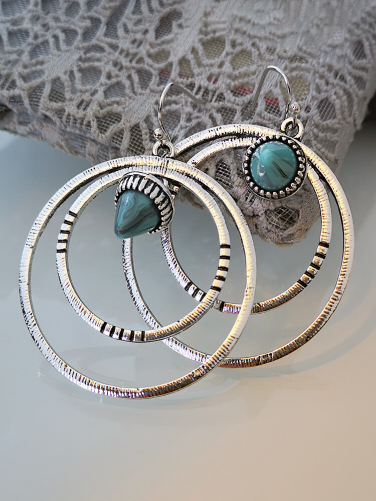 

Vintage Double Circle Women Earrings Bullet Head Turquoise Pendant Earrings, Silver