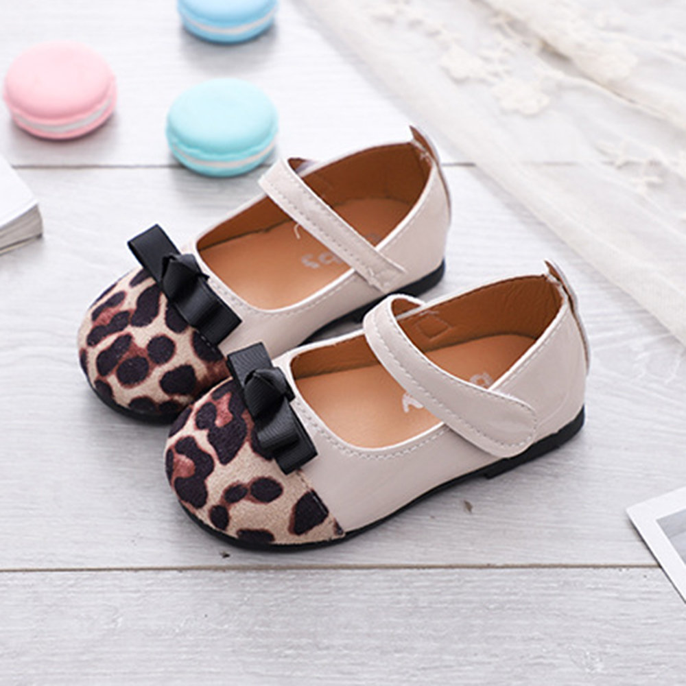 Girls Leopard Bowknot Decor Hook Loop Lovely Mary Jane Shoes