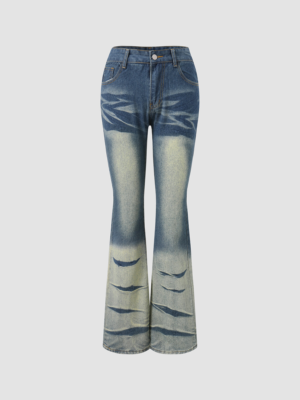

Low Waist Pocket Button Zip Front Denim Flare Leg Jeans, Blue