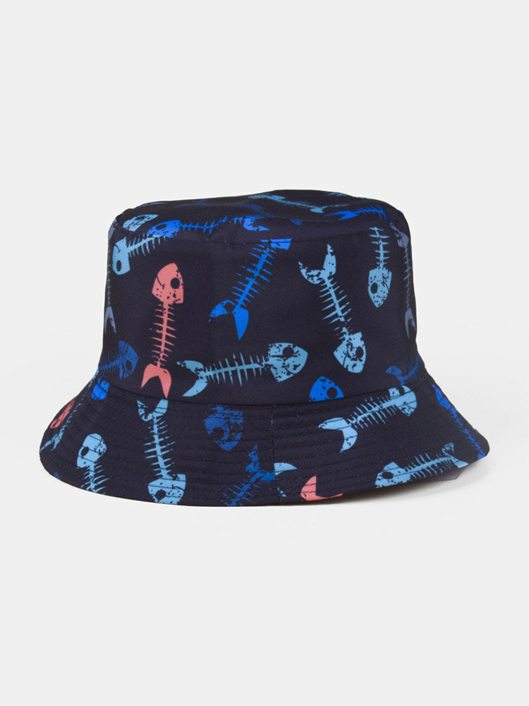 Unisex Cotton Overlay Fishbone Butterfly Pattern Printed Double-sided Wearable Fashion Sun Protection Bucket Hat