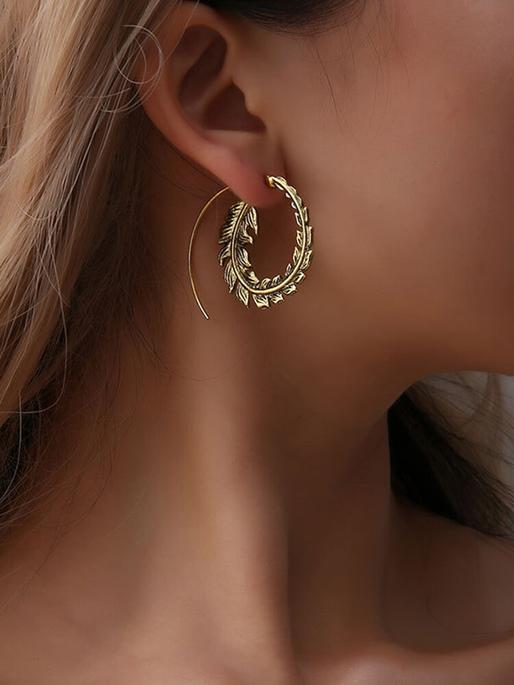 Vintage Leaves Earrings Round Shape Big Earrings Vintage Spiral Earrings Gold Alloy Women Earrings
