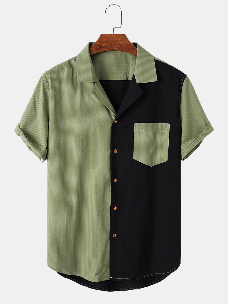 Mens Stripe Patchwork 100% Cotton Short Sleeve Shirt With Pocket