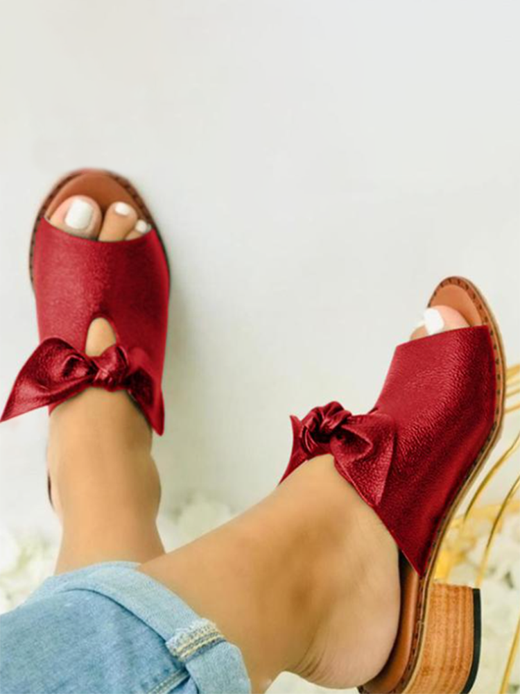 Women Bow Decoration Peep Toe Chunky Heels Canvas Slippers