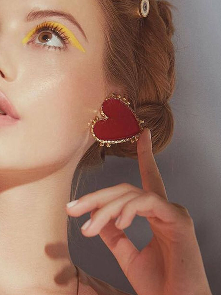 Vintage Trendy Carved Golden Lace Red Heart-shaped Alloy Studs Earrings