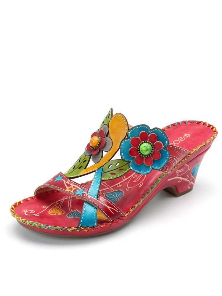 SOCOFY Women Genuine Leather Sandals Platform Wedge Shoe Floral Casual Bohemian 