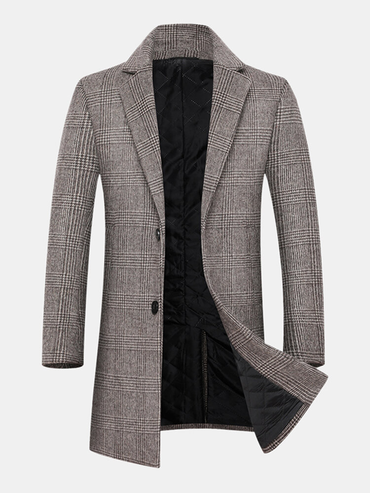 Mens Houndstooth Woolen Single-Breasted Lapel Mid-Length Overcoat