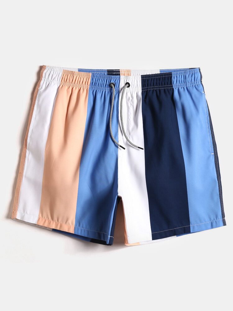 Mens Color Block Stripe Quick-Drying Drawstring Board Shorts With Pocket