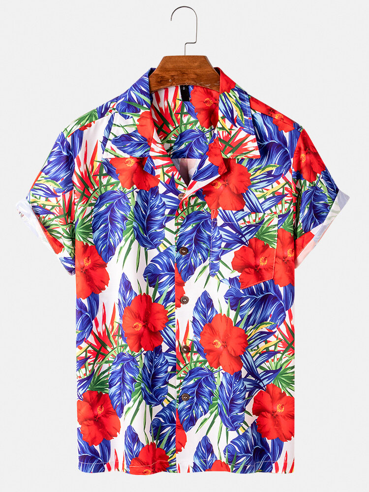 Mens Plant Leaf Printed Revere Collar Casual Short Sleeve Shirts With Pocket