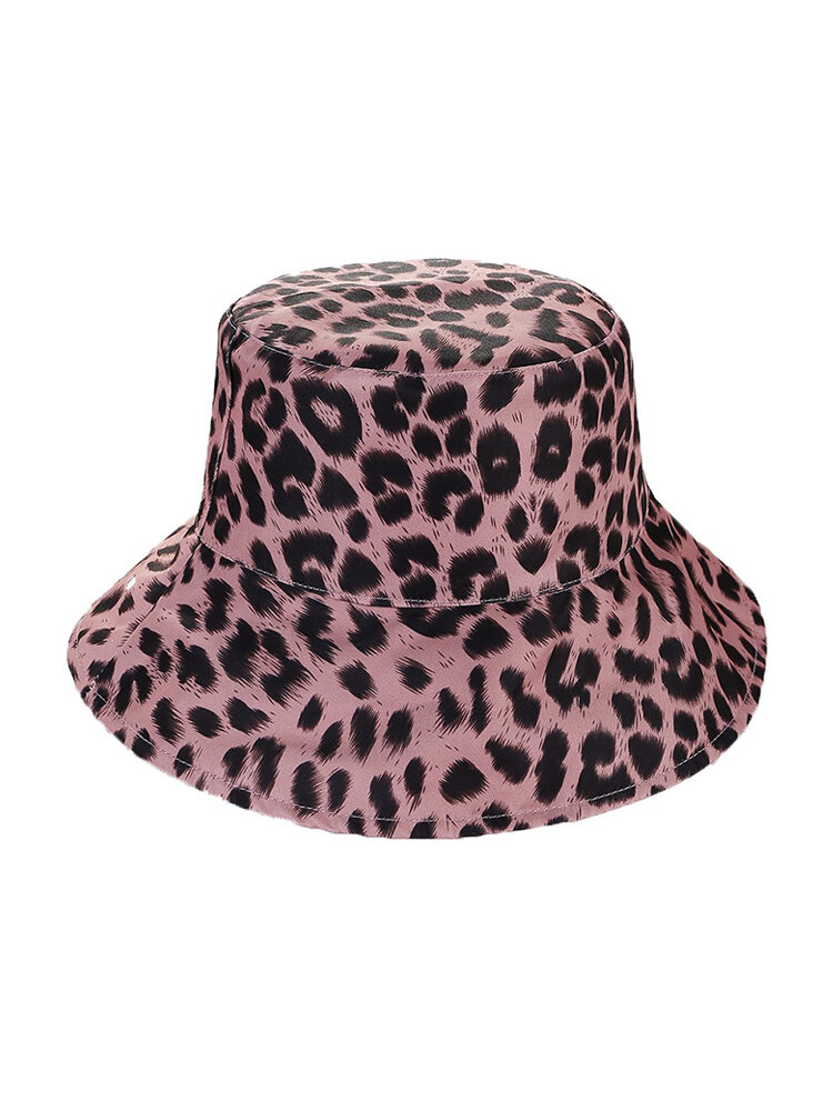 Women Double Sided Leopard Solid Color Bucket Hat Casual Wild Beach Sunscreen UV Protection Cap 