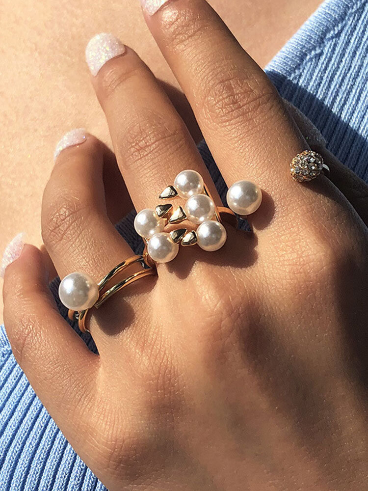 3 pièces/ensemble à la mode Vintage incrusté de perles artificielles strass anneaux en alliage de forme géométrique