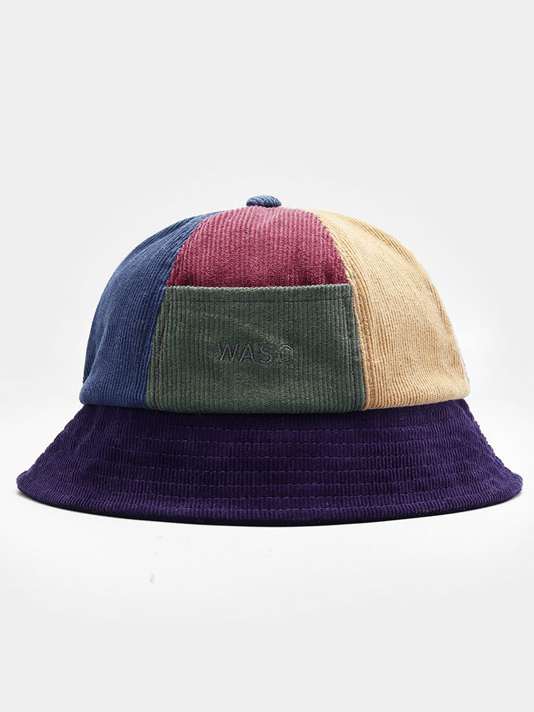 Cappello da pescatore caldo unisex in velluto a coste a contrasto di colore con ricamo lettera patchwork