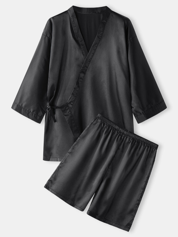 Mens Satin Solid Tie Side Kimono Elastic Waist Shorts Black Pajamas Sets