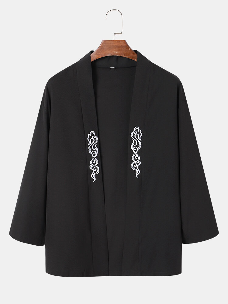 Mens Embroidered Pattern Open Front Loose Black Kimono