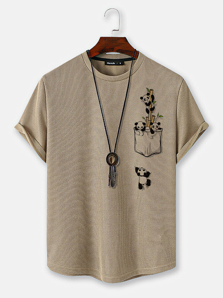 Mens Cartoon Panda Bamboo Print Knit Short Sleeve T-Shirts