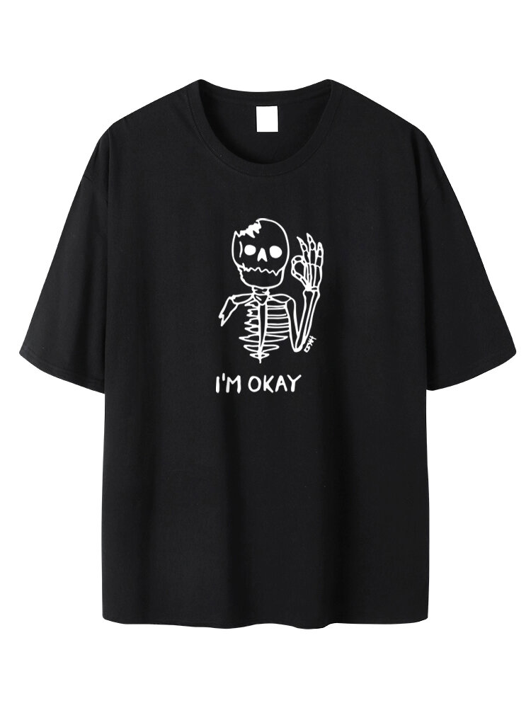 Plus Size Mens 100% Cotton Skeleton & Slogan Print Casual Halloween T-Shirt