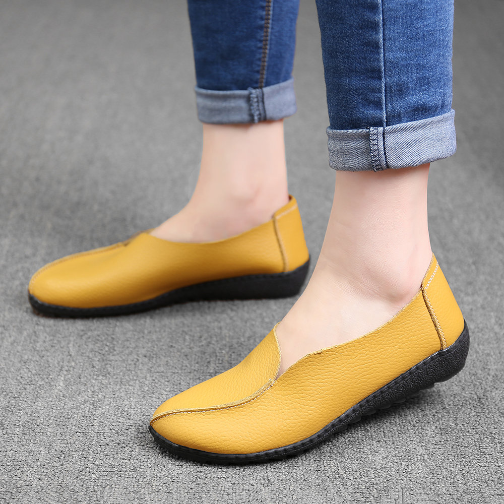 Women Casual Genuine Leather Solid Color Slip On Loafers