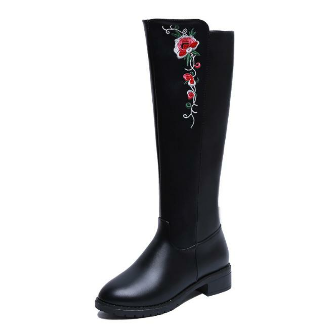 Embroidery Flower Knee High Black Boots