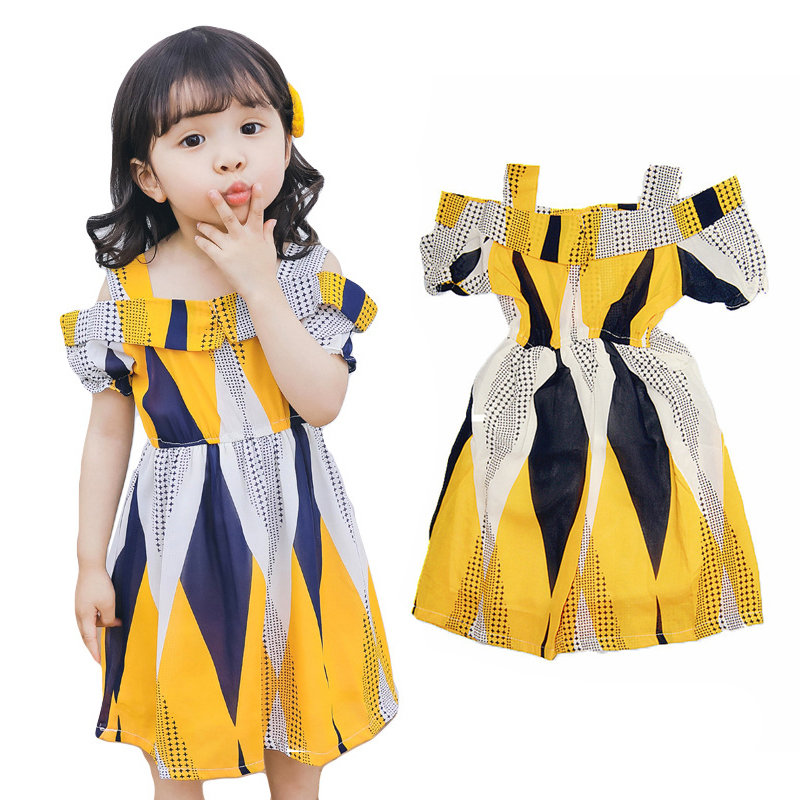 

Off Shoulder Style Toddler Girls Printed Summer Dress For 2Y-9Y, Yellow