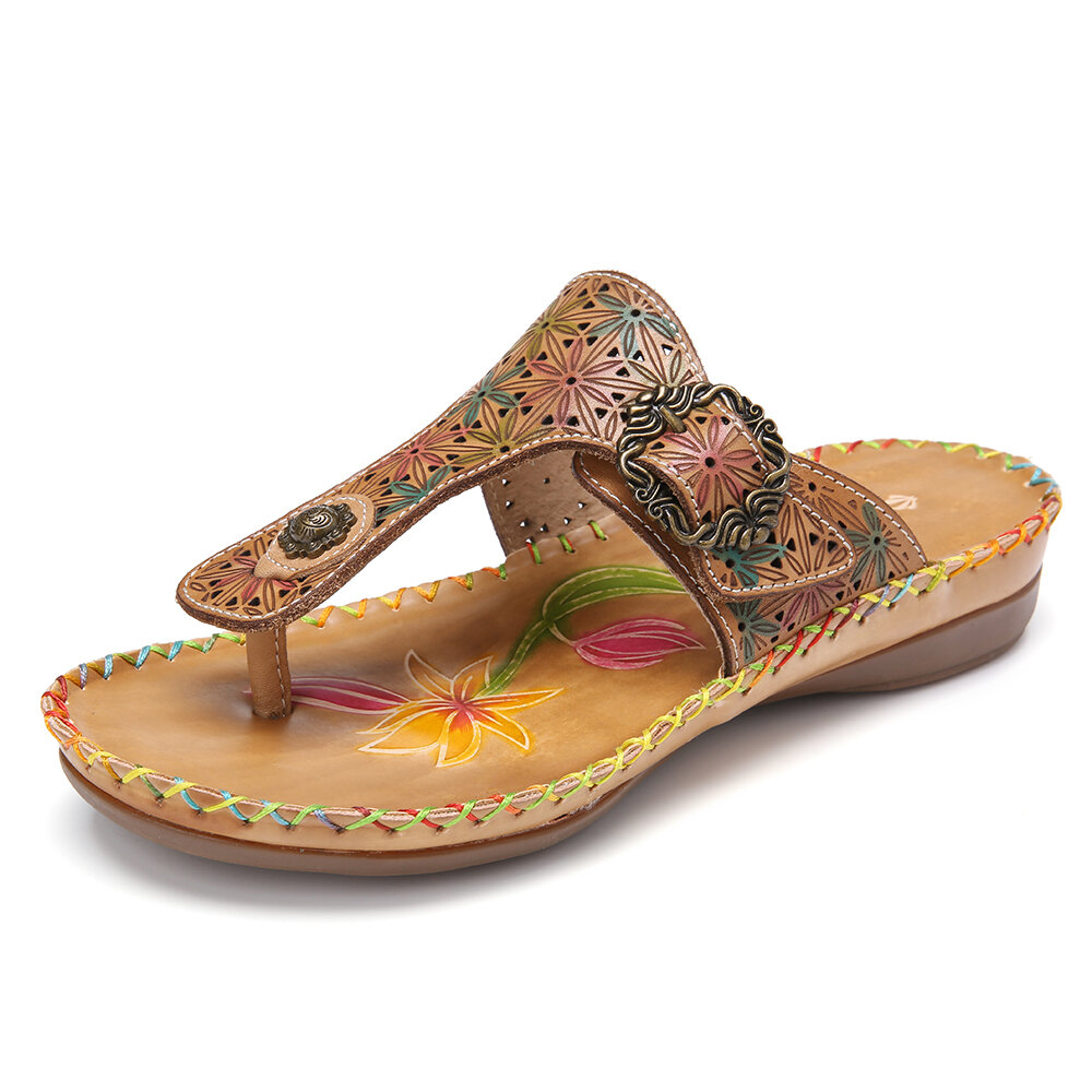 Leather Cutout Floral Buckle Adjustable Elastic Strap Flip Flops Thong Flat Sandals