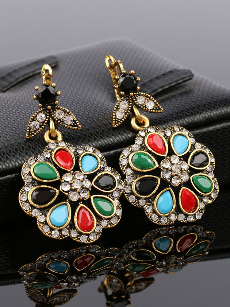 Retro Colorful Flower Earrings Rhinestone Elegant Ear Drop Long Style Earrings For Women