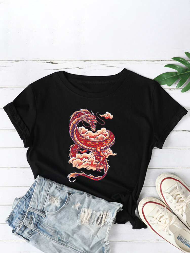 Chinese Style Dragon Print O-neck Short Sleeve Plus Size T-shirt