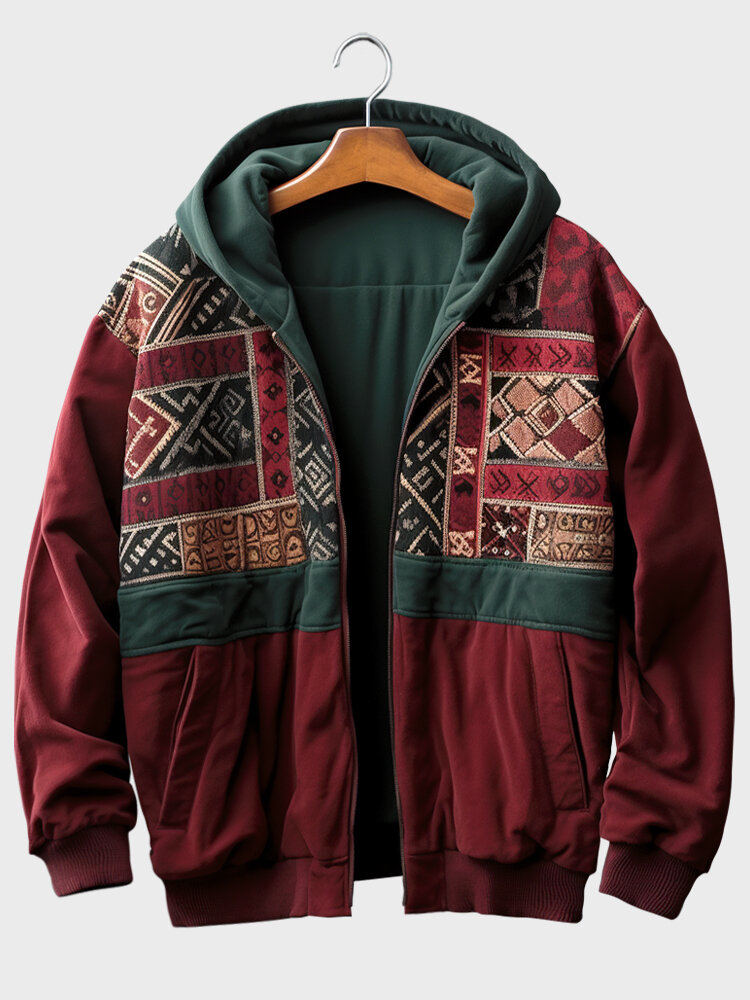 Mens Ethnic Geometric Print Contrast Patchwork Zip Front Hooded Jacket Winter