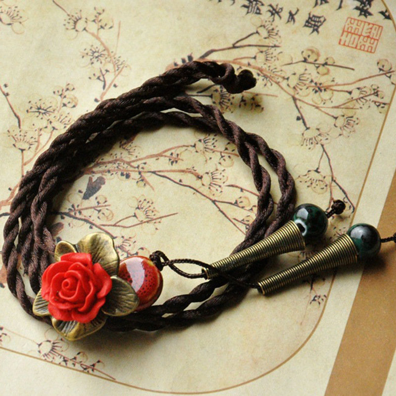 

Vintage Flower Pendant NecklaceRound Bead Trumpet Charm Necklace Ethnic Jewelry for Women, Red