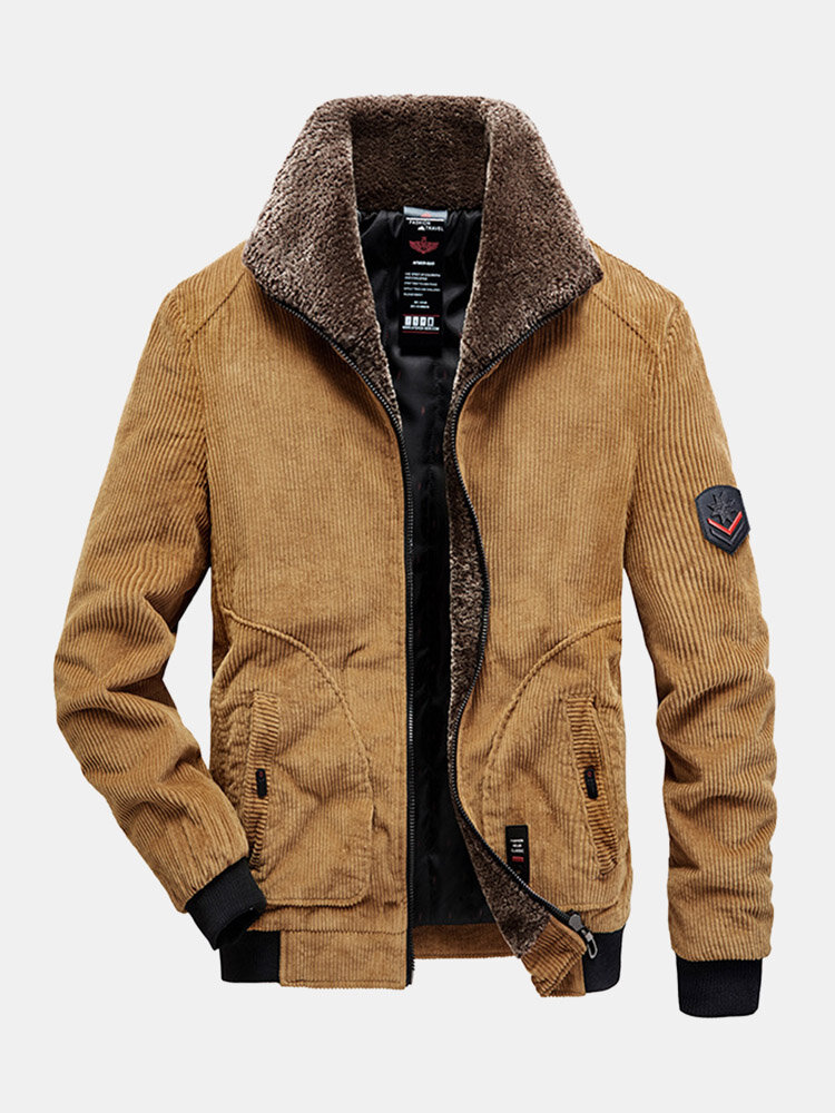 Mens Corduroy Plush Lapel Zip Front Casual Warm Jacket