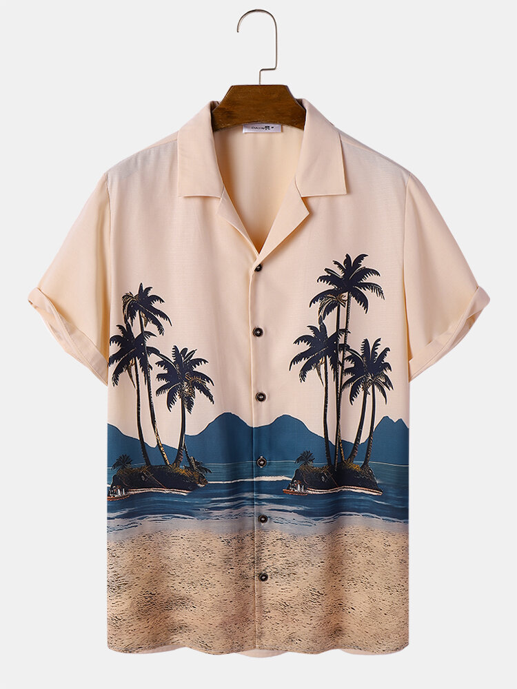 

Mens Coconut Tree Landscape Print 100% Cotton Vacation Short Sleeve Shirts, Apricot