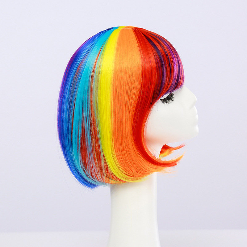 

Anime Rainbow Wigs Colorful BOB Head Short Hair Full Bangs High Temperature Wire Headcover Cosplay